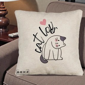 Perna Personalizata Cat Lover Pisica Ilustratie Linie, 40x40 cm, Bej Canapea, Husa Detasabila, Perna Inclusa, BEKZ®