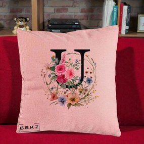 Cadou Personalizat - Perna Personalizata Monogram Litera U cu Flori Acuarela, 40x40 cm, Roz, Husa Detasabila, Perna Inclusa, BEKZ®