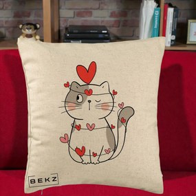 Perna Decorativa Pisica Kawaii cu Inimi, 40x40 cm, Bej, Husa Detasabila, Perna Inclusa, BEKZ®