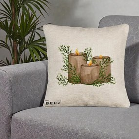 Perna Decorativa Lumanari Rustice cu Crengute Brad, 40x40 cm, Bej Canapea, Husa Detasabila, Perna Inclusa, BEKZ®