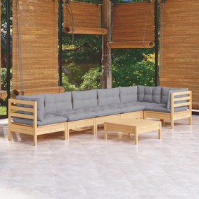 Set mobilier gradina cu perne gri, 7 piese, lemn masiv pin Maro  si gri