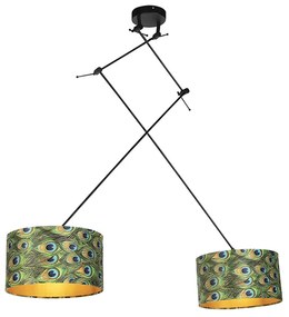 Lampă suspendată neagră cu abajururi din catifea paun cu auriu 35 cm 2 lumini - Blitz
