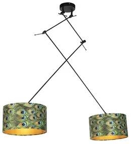 Lampă suspendată neagră cu abajururi din catifea paun cu auriu 35 cm 2 lumini - Blitz