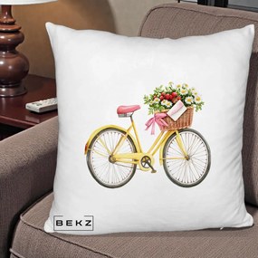 Perna Decorativa Bicicleta Galbena cu Cos de Flori Primavara, 40x40 cm, Alb Pufos, Husa Detasabila, Perna Inclusa, BEKZ®