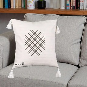 Perna Decorativa Geometric Grid, 40x40 cm, Bej cu Franjuri, Husa Detasabila, Perna Inclusa, BEKZ®