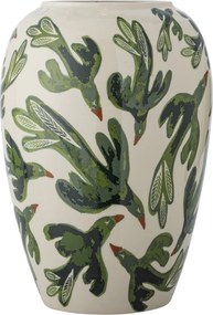 Vază din ceramică artizanală, bej cu motive de păsări pictate manual în verde, 21,5×33 cm, „Birdliva"