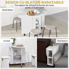 HOMCOM Masă pliabilă de dining pentru 2-4 persoane, 120x60x77 cm, cu 6 roți, 2 polițe, 2 extensii rabatabile, economisește spațiu, albă | Aosom Romania