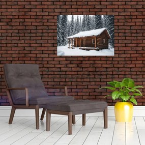 Tablou pe sticlă - Cabană acoperită de zăpadă (70x50 cm)