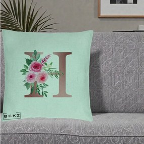 Cadou Personalizat - Perna Personalizata Monograma Rose Gold Litera H, 40x40 cm, Verde Menta, Husa Detasabila, Perna Inclusa, BEKZ®
