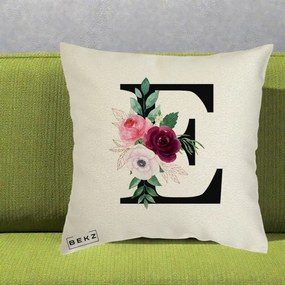 Cadou Personalizat - Perna Personalizata Monograma Florala Litera E, 40x40 cm, Ecru, Husa Detasabila, Perna Inclusa, BEKZ®