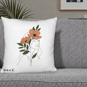 Perna Decorativa Portret Feminin Doua Maci Terracotta, 40x40 cm, Alb Pufos, Husa Detasabila, Perna Inclusa, BEKZ®