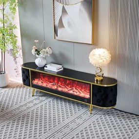 Șemineu electric cu efect LED realist cu 12 culori, Comodă TV cu design oval, control vocal și telecomandă, fără încălzire, 180 cm, Negru