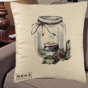 Perna Decorativa Felinar cu Lumanare si Conuri, 40x40 cm, Bej, Husa Detasabila, Perna Inclusa, BEKZ®