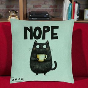 Perna Decorativa NOPE Pisica Neagra Cafea, 40x40 cm, Verde Menta, Husa Detasabila, Perna Inclusa, BEKZ®