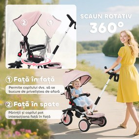 AIYAPLAY Tricicletă 6 în 1 pentru Copii, cu Mâner Parental și Scaun Rotativ, 111,5x52x98 cm, Roz | Aosom Romania