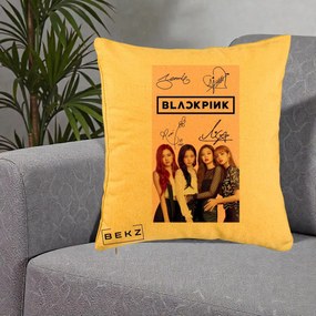 Perna Personalizata K-pop BLACKPINK Semnaturi si Foto, 40x40 cm, Galben, Husa Detasabila, Perna Inclusa, BEKZ®