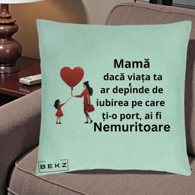Cadou pentru Mama - Perna Personalizata Mama Nemuritoare cu Bebelus Kawaii, 40x40 cm, Verde Menta, Husa Detasabila, Perna Inclusa, BEKZ®