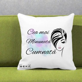 Cadou pentru Cumnata - Perna Personalizata Cea mai Minunata Cumnata cu Silueta Dama si Pete Multicolor, 40x40 cm, Alba Mata, Husa Detasabila, Perna Inclusa, BEKZ®