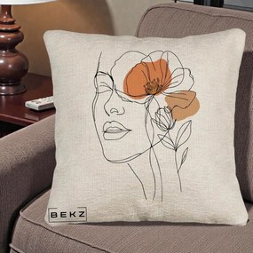 Perna Decorativa Portret Feminin Mac Profilat, 40x40 cm, Bej Canapea, Husa Detasabila, Perna Inclusa, BEKZ®