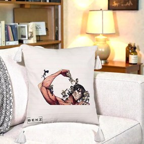 Perna Personalizata Attack on Titan Eren Titan Grup, 40x40 cm, Bej cu Franjuri, Husa Detasabila, Perna Inclusa, BEKZ®