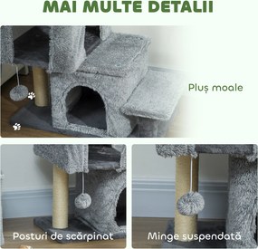 PawHut Scara pentru Pisici cu 4 Trepte Reglabile, 2 Căsuțe și Stâlp pentru Zgâriat Gri | Aosom Romania