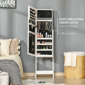 HOMCOM Oglindă Portbijuterii, Dulap Portbijuterii cu Unghi Reglabil, Organizator pentru Inele, Coliere, Cercei, Încuietoare cu Cheie, pentru Dormitor, Living, 46x36.5x151.5cm, Alb | Aosom Romania