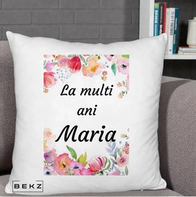 Cadou de Onomastica - Perna Personalizata La Multi Ani Maria Flori Acuarela, 40x40 cm, Alb Pufos, Husa Detasabila, Perna Inclusa, BEKZ®