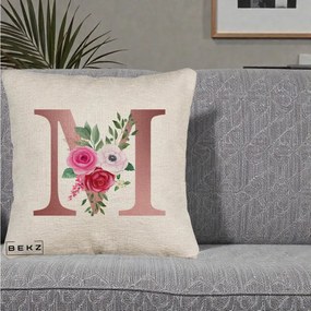 Cadou Personalizat - Perna Personalizata Monograma Rose Gold Litera M cu Trandafiri, 40x40 cm, Bej Canapea, Husa Detasabila, Perna Inclusa, BEKZ®