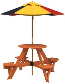 3281623 vidaXL Masă picnic pentru 4 copii cu umbrelă, rotundă, lemn masiv brad