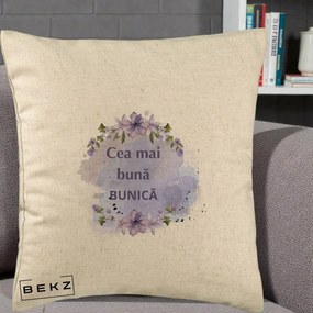 Cadou pentru Bunica - Perna Personalizata Cea Mai Buna Bunica Flori Mov Acuarela Negru, 40x40 cm, Bej, Husa Detasabila, Perna Inclusa, BEKZ®