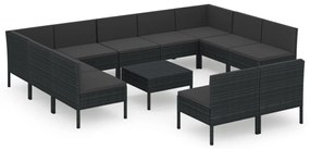Set mobilier de gradina cu perne, 12 piese, negru, poliratan 2x colt + 9x mijloc + masa, 1
