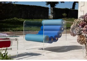 Fotoliu Sufragerie colectie KUUMO MW02, combinatie perne albastre Bleu Marin si Turcoaz, cotiere laterale, PMMA, panouri transparente