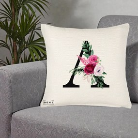 Cadou Personalizat - Perna Personalizata Monograma Florala Litera A, 40x40 cm, Crem Reliefat, Husa Detasabila, Perna Inclusa, BEKZ®