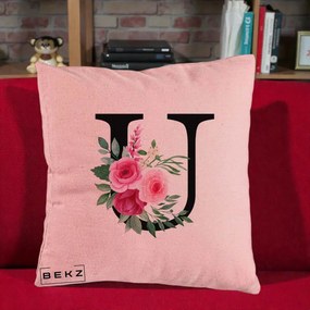 Cadou Personalizat - Perna Personalizata Monograma Florala Litera U, 40x40 cm, Roz, Husa Detasabila, Perna Inclusa, BEKZ®