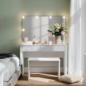 SEA812 - Set Masa toaleta, 110 cm, moderna cosmetica machiaj oglinda cu sau fără LED, masuta vanity cu sau fără Scaun - Alb Lucios