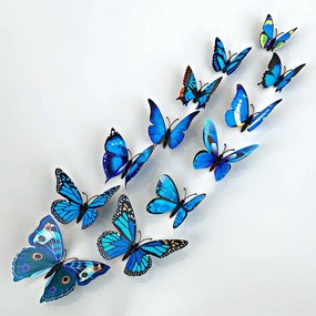 Autocolant de perete "Fluturi 3D din plastic realist - albastru” 12 buc 5-12 cm