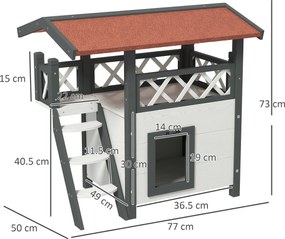 PawHut Căsuță pentru Pisici de Exterior cu Terasa și Scară, Adăpost pentru Pisici și Animale Mici din Lemn, 77x50x73 cm, Alb