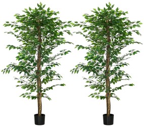 HOMCOM Set de 2 plante artificiale ficus inaltime 1,80 m trunchi crengi lina muschi frunze foarte realiste ghiveci inclus verde | Aosom Romania