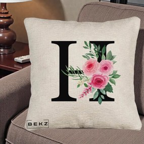 Cadou Personalizat - Perna Personalizata Monograma Florala Litera H cu Trandafiri Roz, 40x40 cm, Bej Canapea, Husa Detasabila, Perna Inclusa, BEKZ®