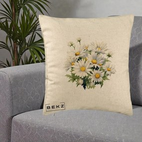 Perna Decorativa Buchet Margarete Albe Acuarela, 40x40 cm, Bej, Husa Detasabila, Perna Inclusa, BEKZ®