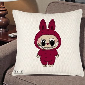 Perna Personalizata Labubu Rosu-Visiniu Solo, 40x40 cm, Crem Reliefat, Husa Detasabila, Perna Inclusa, BEKZ®
