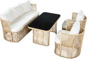 Set mobilier de grădină din PE‑rattan, 5 piese, canapea 3 locuri, 2 fotolii și masă cu blat din sticlă, Bej+Negru+Alb