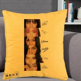 Perna Personalizata K-pop KATSEYE Semnaturi fara Foto, 40x40 cm, Galben, Husa Detasabila, Perna Inclusa, BEKZ®