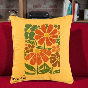 Perna Decorativa Flori Grafice Colorate Retro, 40x40 cm, Galben, Husa Detasabila, Perna Inclusa, BEKZ®