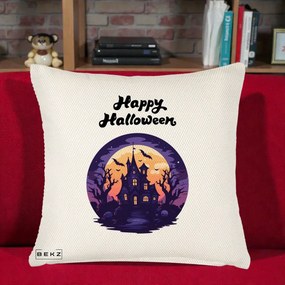Perna Decorativa Happy Halloween Casa Bantuita Violet, 40x40 cm, Crem Reliefat, Husa Detasabila, Perna Inclusa, BEKZ®