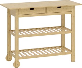 HOMCOM Cărucior de Bucătărie din Lemn de Bambus cu 2 Sertare, 2 Rafturi și 2 Roți, 100x43x75 cm, Lemn | Aosom Romania