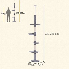 PawHut Ansamblu Pisici Înalt de la Podea la Tavan Gri Alb Înălțime Reglabilă Casuță Jocuri | Aosom Romania