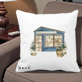 Perna Decorativa Casa de Iarna Watercolor, 40x40 cm, Alba Mata, Husa Detasabila, Perna Inclusa, BEKZ®