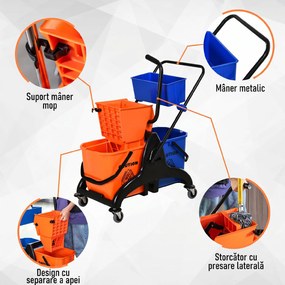 HOMCOM Cărucior Profesional de Curățenie cu 2 Găleți de 26L, Cărucior cu Presă, Mâner și 4 Roți Universale, pentru Hotel, Casă, Birou, 78x45x95 cm, Portocaliu și Albastru | Aosom Romania