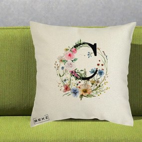 Cadou Personalizat - Perna Personalizata Monogram Litera C cu Flori Acuarela, 40x40 cm, Ecru, Husa Detasabila, Perna Inclusa, BEKZ®